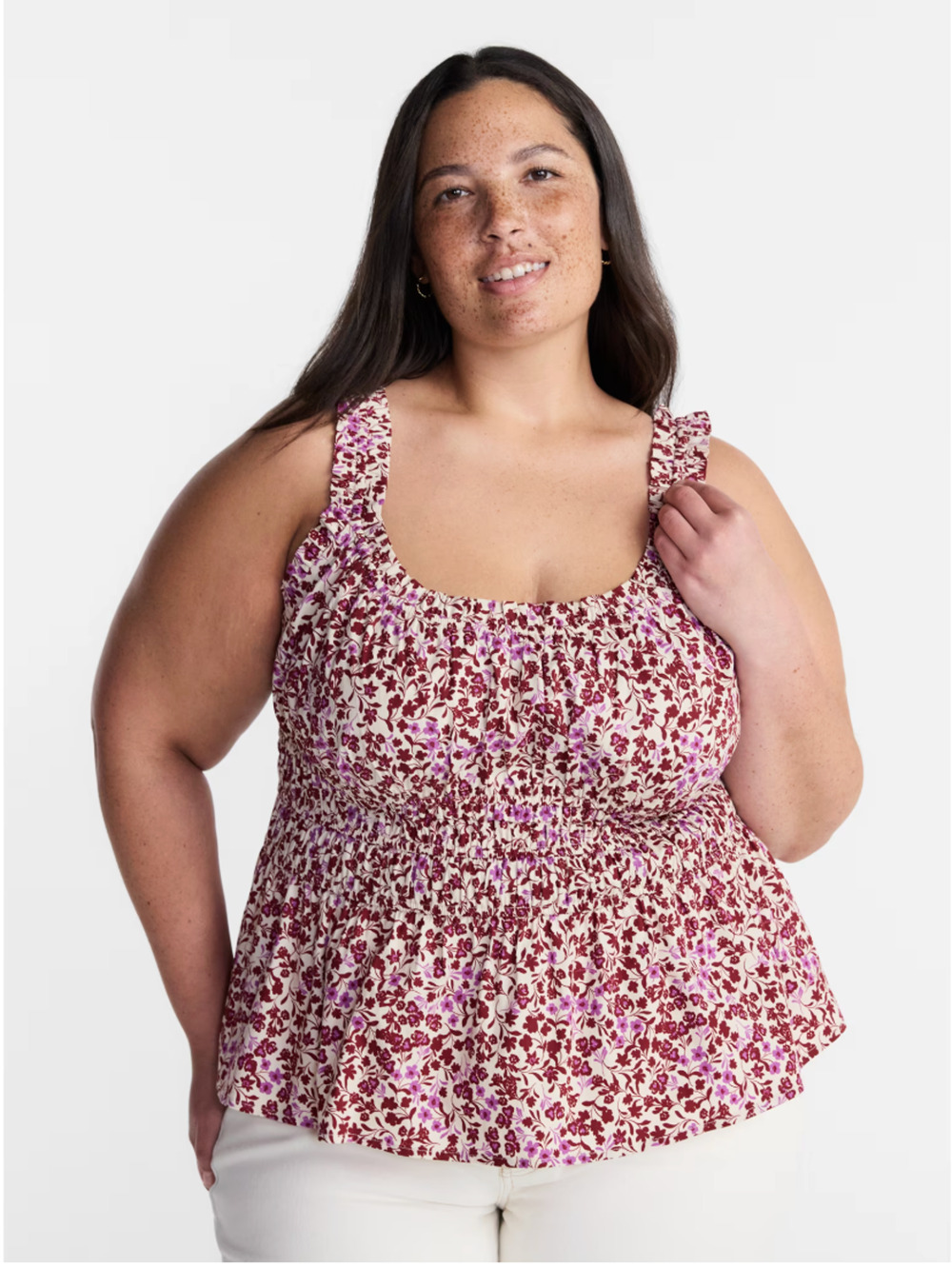 Terra & Sky Womens 2X Smocked Peplum Tank Top Sleeveless Ditsy Floral Maroon